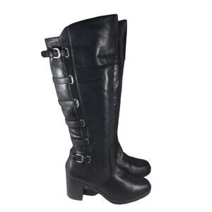 BARETRAPS! BLACK GENUINE LEATHER 5 BACK CALF STRAP BIG CHUNKY HEEL BOOTS,! SZ 9M
